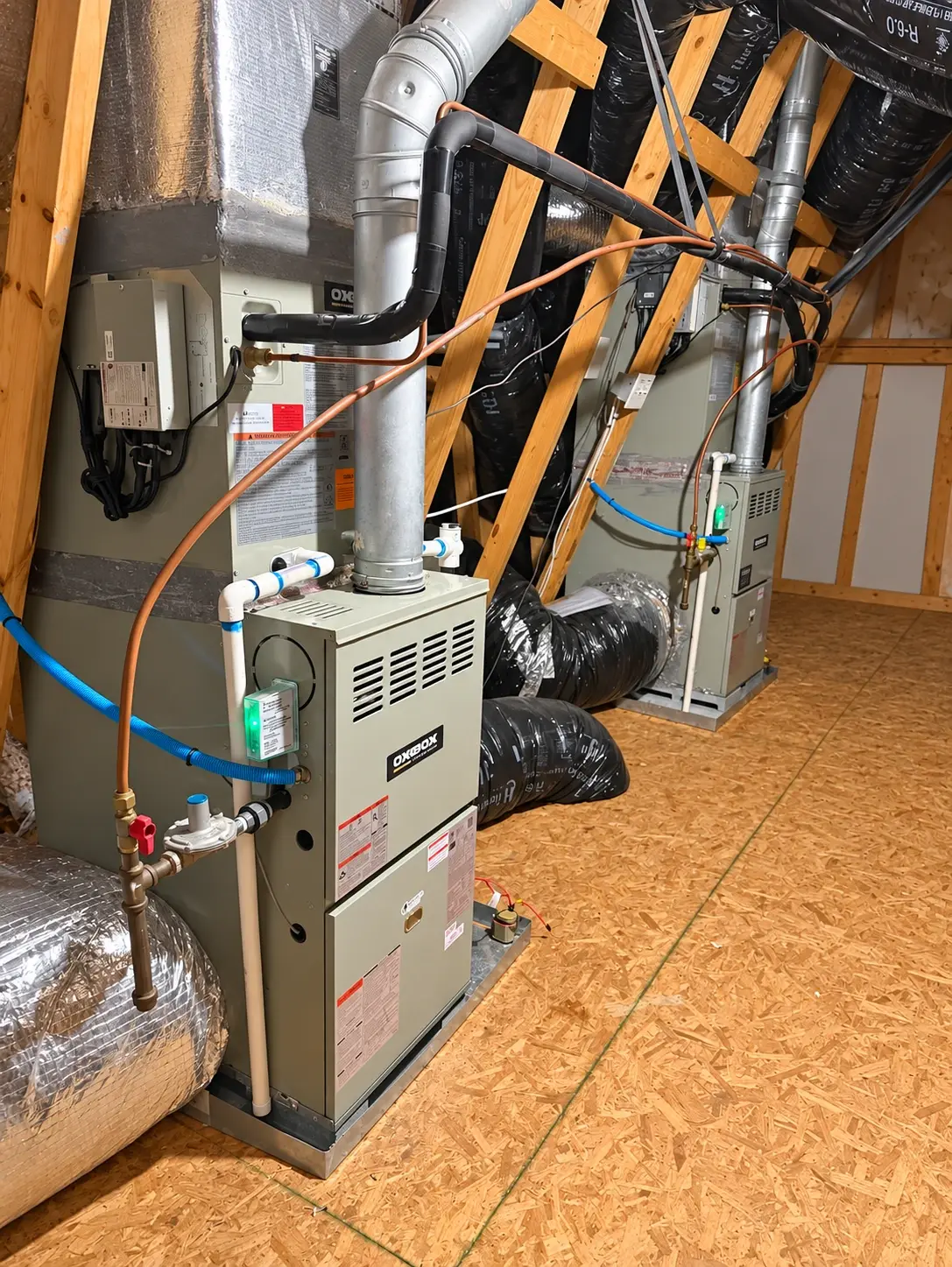 Two gas furnaces installed side by side in an attic, one for each floor