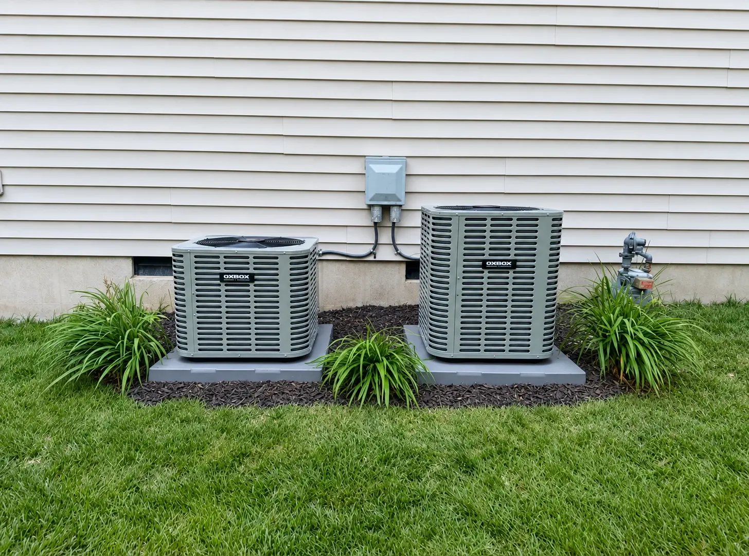 Two new outdoor air conditioning condensers on pads in a landscaped bed beside a home