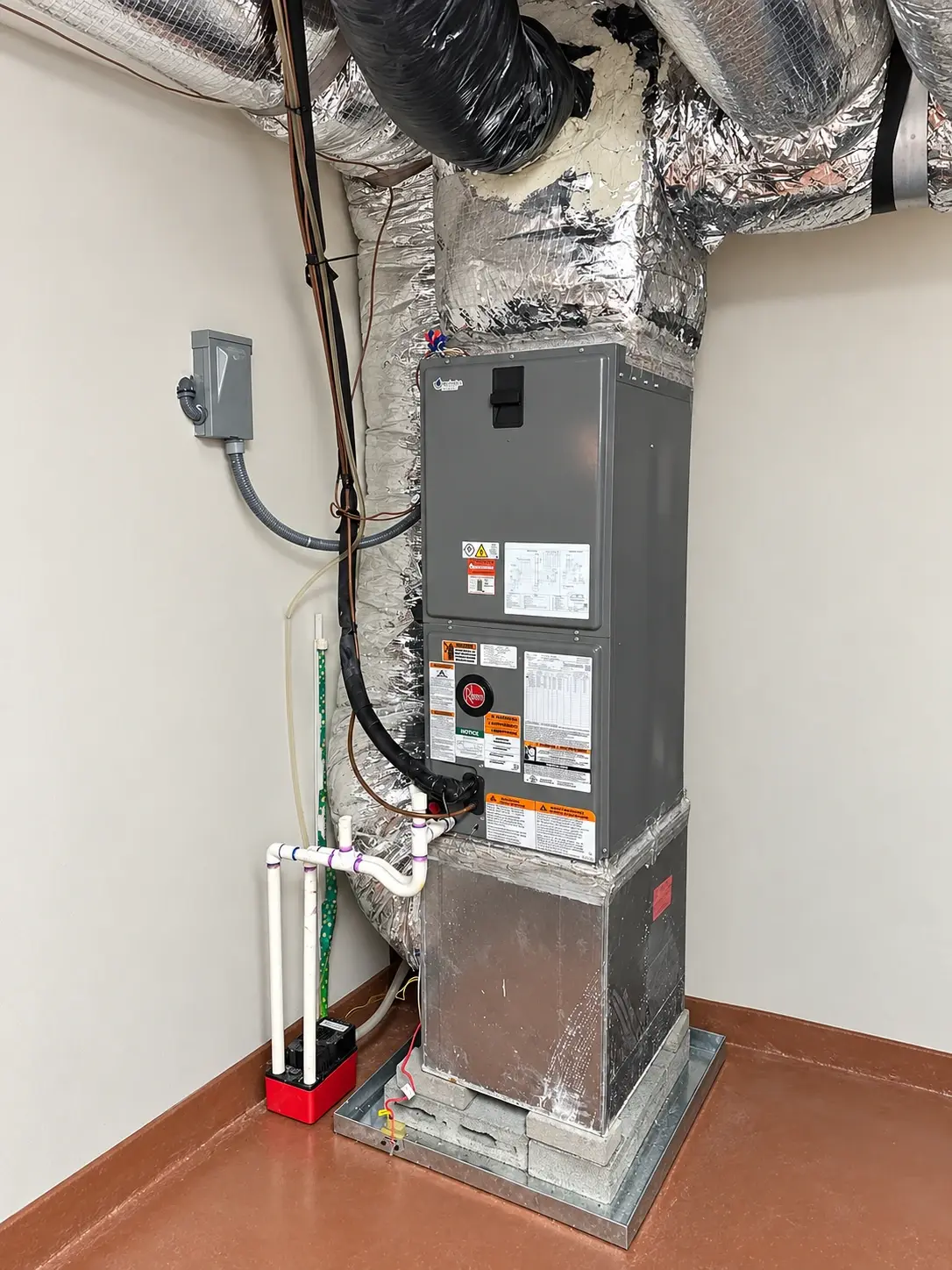 A new air handler in a utility room with a sealed plenum, condensate drain and float switch